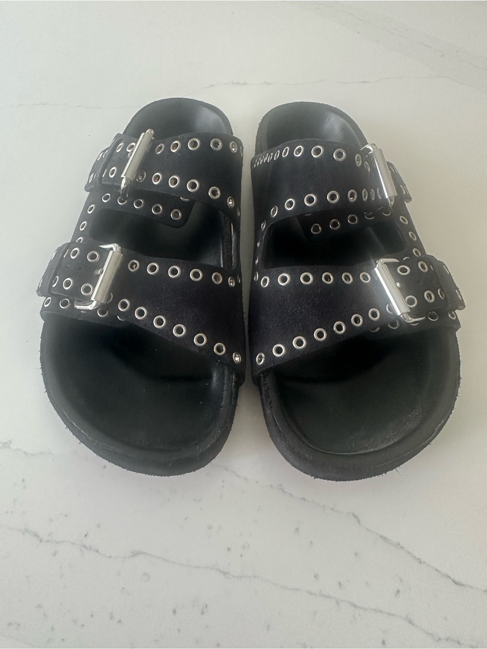 Isabel Marant Lenyo Black Suede Grommet Double-Buckle Slide Sandals